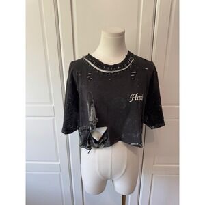 Furst of a Kind Reworked Florida Space Shuttle Distressed Safety Pin Crop Top